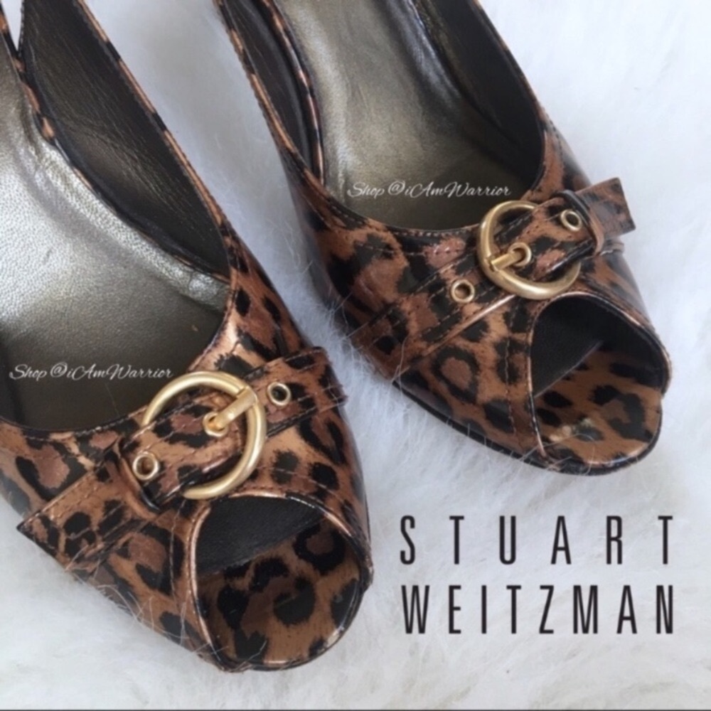 Stuart Weitzman leopard print buckle peeptoe heel… - image 4